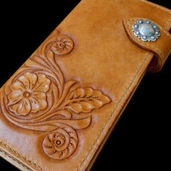 Handcraft vintage handmade carved floral leather long wallet for women ladys