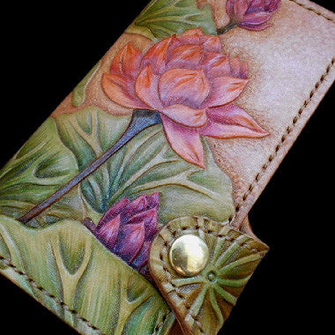 Handcraft vintage hand painting lotus flower leather ID card wallet for women