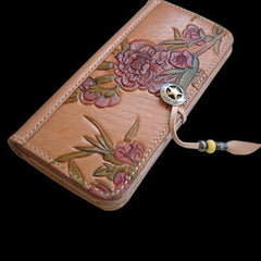 Handcraft vintage hand painting peach blossom leather long wallet for women