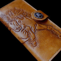 Handmade biker wallet leather bifold vintage galloping horse leather long wallet for men