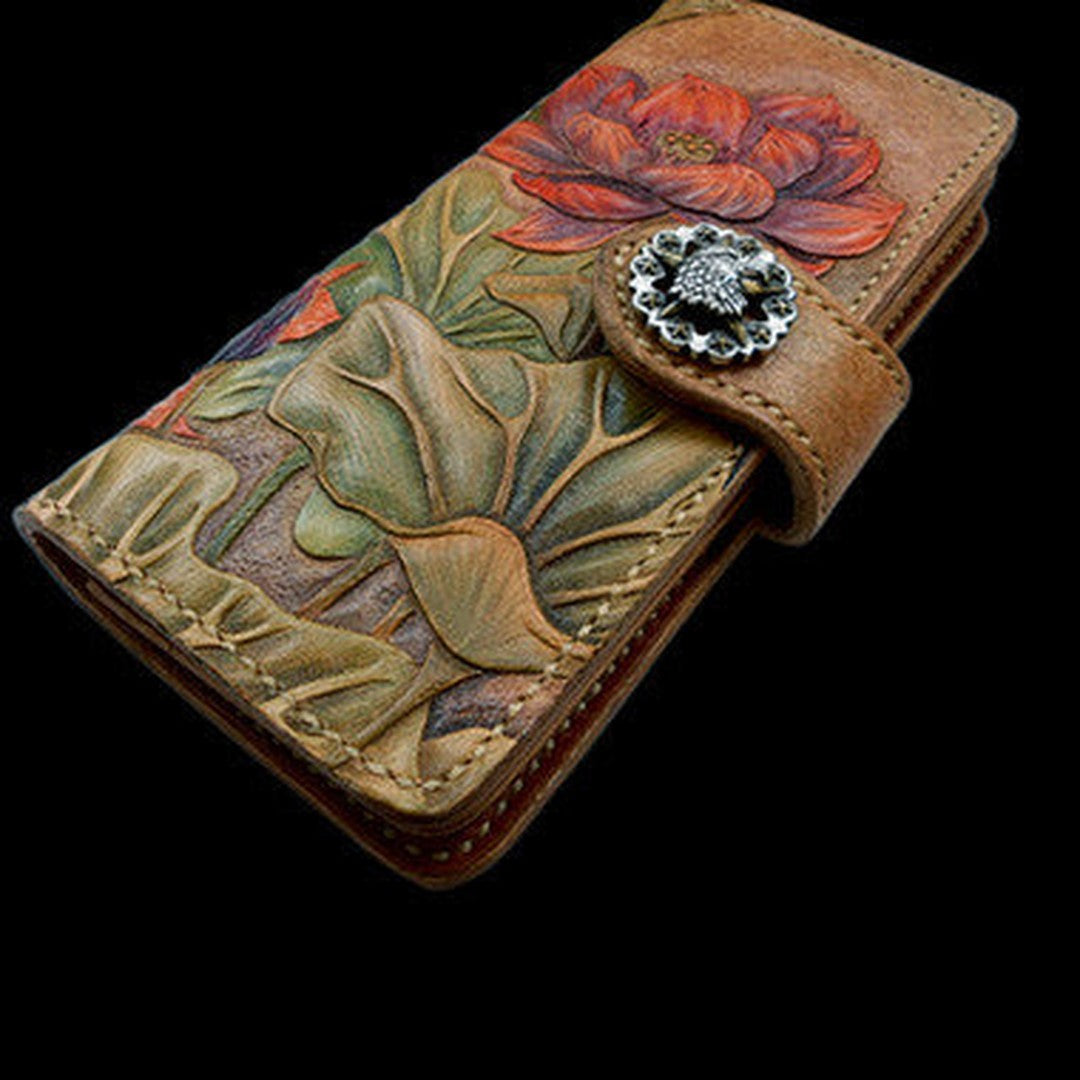 Handcraft vintage hand painting lotus flower leather long wallet for women