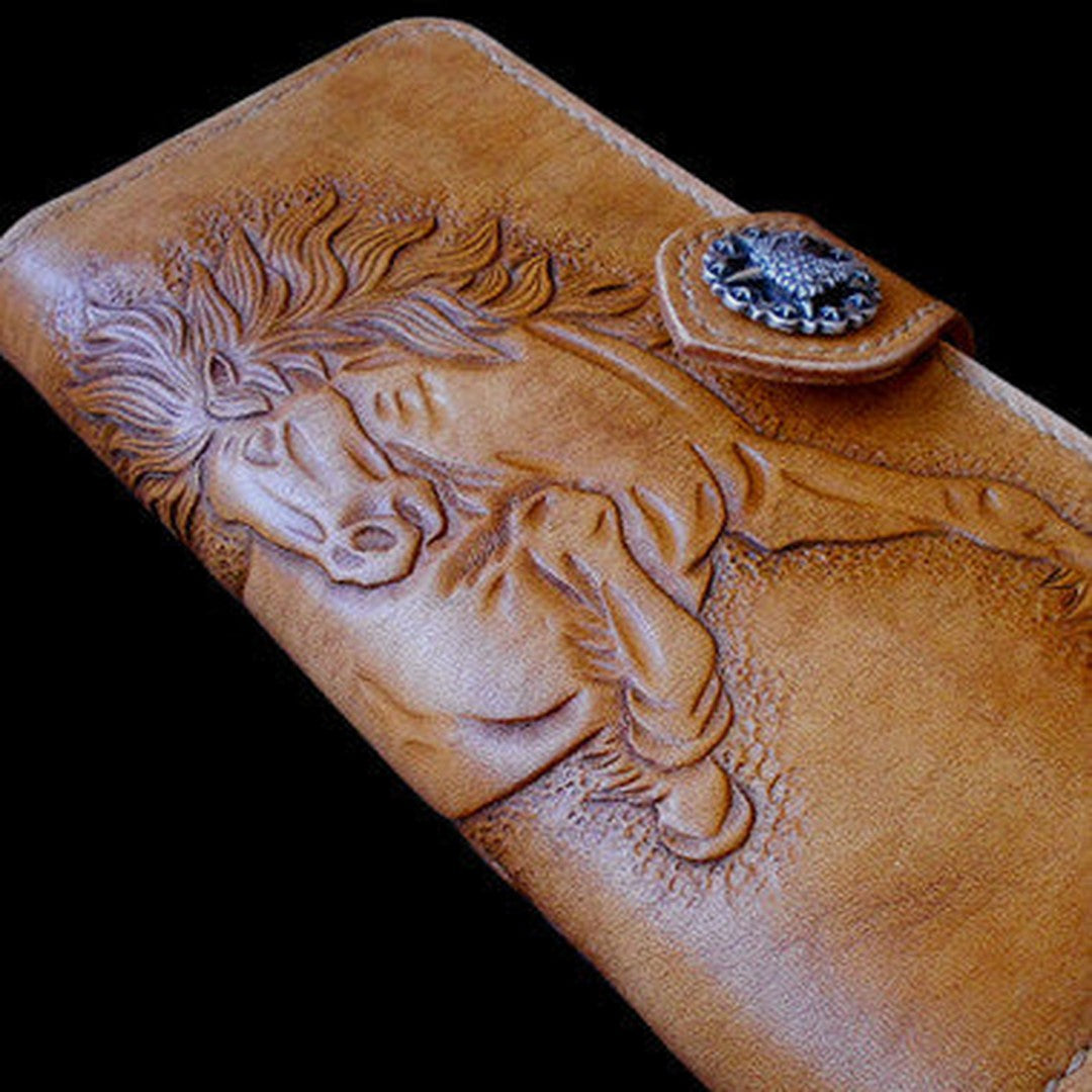 Handcraft vintage hand painting galloping horse leather long wallet for men(trifold)
