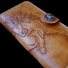 Handcraft vintage hand painting galloping horse leather long wallet for men(trifold)