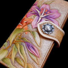 Handcraft vintage hand painting carved lily flower leather long wallet for women