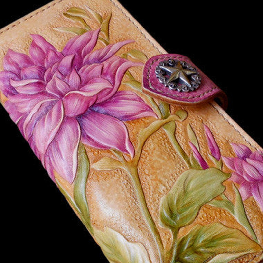 Handcraft vintage hand painting Dahlia pinnata leather long wallet for women