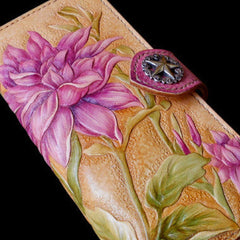 Handcraft vintage hand painting Dahlia pinnata leather long wallet for women