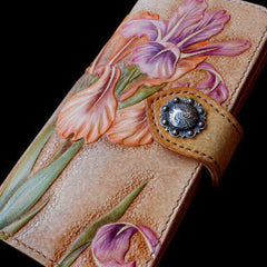 Handcraft vintage hand painting Irises flower leather long wallet for women