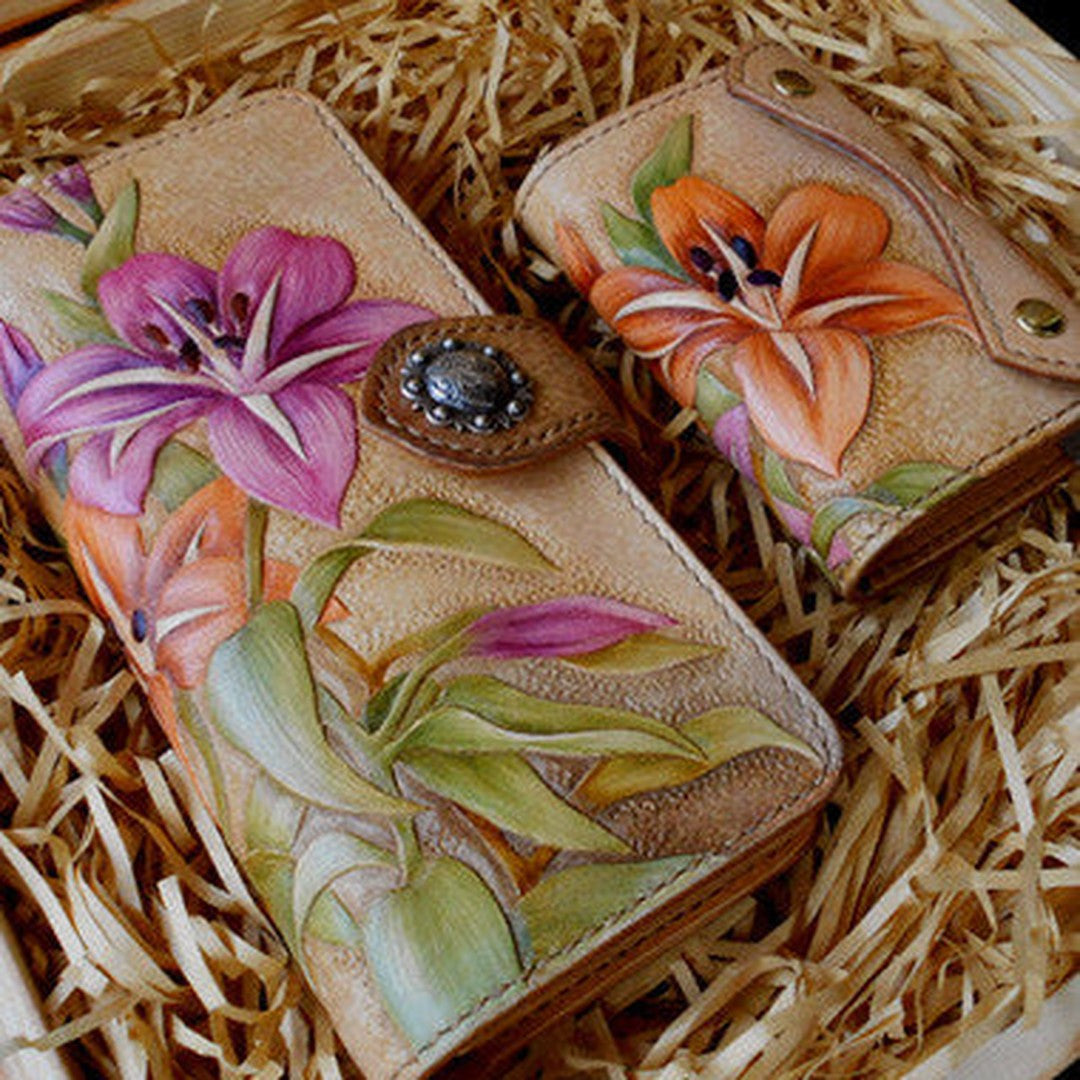 Handcraft vintage hand painting lily leather long/keys wallet for women