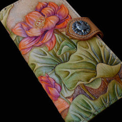 Handcraft vintage hand painting lotus flower leather long wallet for women