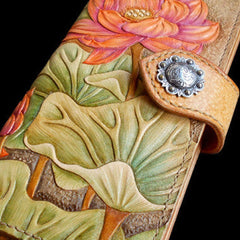 Handcraft vintage hand painting lotus flower leather long wallet for women