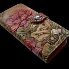 Handcraft vintage hand painting lotus flower leather ID card wallet for women