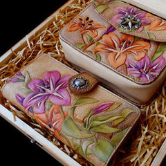 Handmade women wallet vintage carved lily flower leather long wallet/hip bag for women