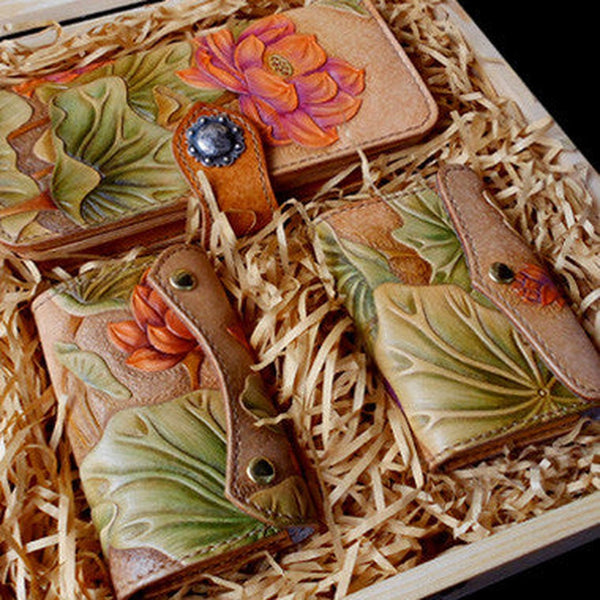 Handmade Womens Wallet tooled lotus flower leather long wallet for women