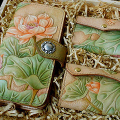Handmade Womens Long Wallet tooled lotus flower leather long wallet for women