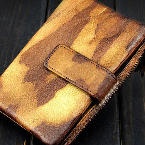 Handmade men billfold leather wallet men vintage brown blue camouflage billfold wallet for him