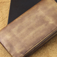 men long leather wallet men bifold zip vintage gray brown long wallet clutch for him