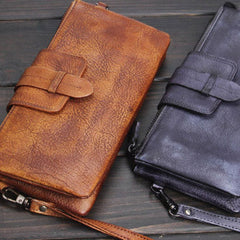 Handmade men long leather wallet clutch men bifold vintage gray brown long wallet for him