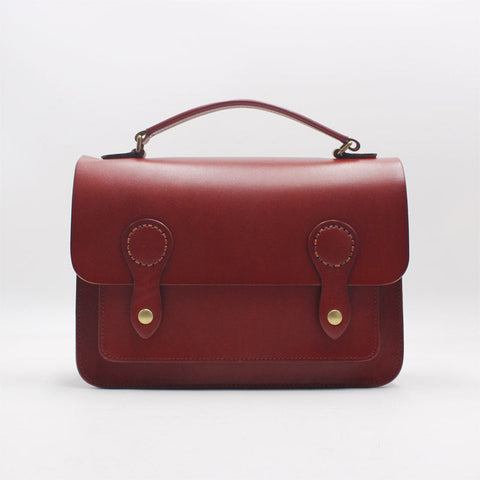 Womens Red Brown Leather Satchel Crossbody Bag Handmade School Handbag Shoulder Bag for Ladies