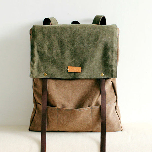 Womens Army Green Canvas Backpack Canvas School - Back View