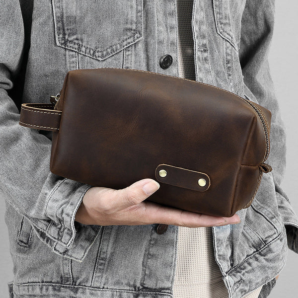 Brown Full Grain Leather Toiletry Bag - iwalletsmen