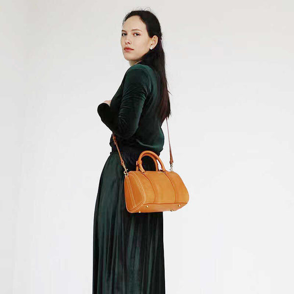 Womens Coffee Leather Boston Handbag Vintage Boston - Open View