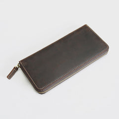 MENS Vintage Coffee LEATHER ZIPPER LONG CLUTCH - Leather Texture Detail