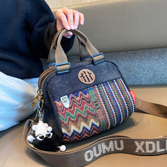 Black Gray Canvas Embroidery Handbag Shoulder Bag Black Gray Canvas Crossbody Bag - Feltify