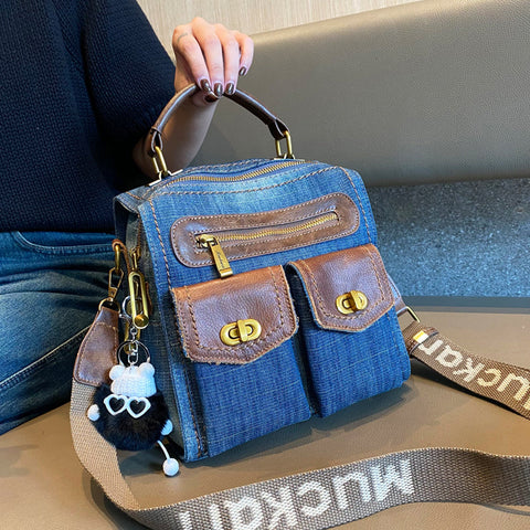 Women Denim Crossbody Bag Convertible Denim Mini Backpack Bag Blue Convertible Denim Handbag Shoulder Bag