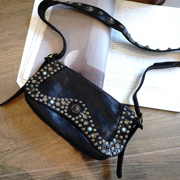 Western Black Womens Rivets Small Shoulder Bag - Bill Slots Detail