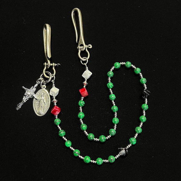 Green Beaded Wallet Chain Green Stone Long - Back View