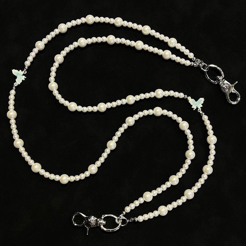 Long Double Beaded Wallet Chain Pearl Bead - Back View