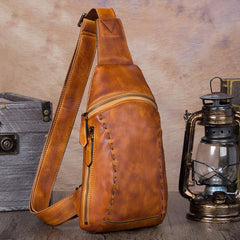 Cool Mens Black Leather Sling Bag Chest Bag Soft Black One Shoulder Backpack Sling Backpack for men