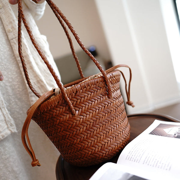 Brown Womens Braided Leather Bucket Purse Womens - Chain Detail