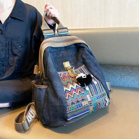 Boho Embroidery Canvas Backpack Women Boho Embroidery Large Canvas Backpack