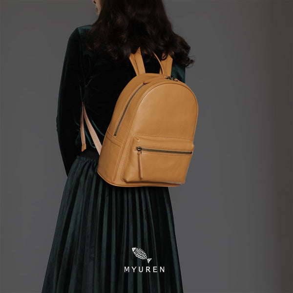 Womens Black Leather Backpack Minimalist Satchel Backpack - Leather Texture Detail