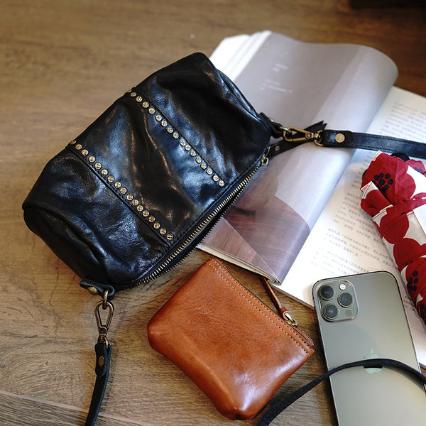 Black Womens Rivets Small Barrel Shoulder Bag - Open View