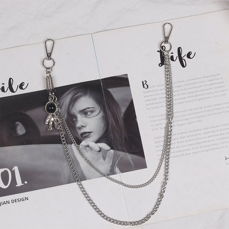 Cute Womens Stars Jeans Chain Silver Double Layers Astronaut Wallet Chains Jeans Chain For Women