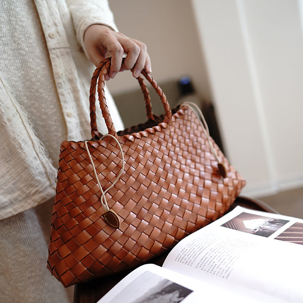 Brown Womens Braided Leather Handbag Womens Braided - Back View