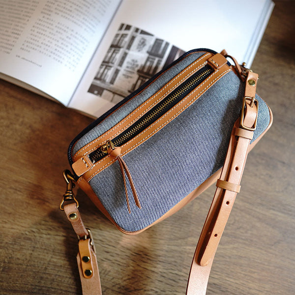 Small Jean Shoulder Bag Two-tone Denim Leather Crossbody Bag Denim Small Phone B DENIM02321011