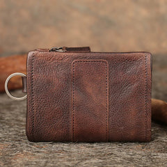 Dark coffee brown vintage leather biker bifold wallet with key ring