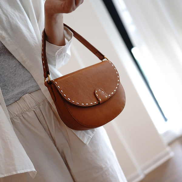 Vintage Womens Coffee Leather Small Saddle Handbag - Open View
