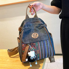 Black Gray Embroidery Canvas Backpack Boho Style Backpack Vintage Convertible Boho Crossbody Bag - Feltify