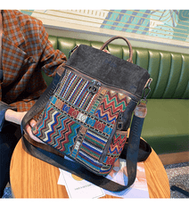 Vintage Convertible Large Boho Style Backpack Black Gray Embroidery Canvas Backpack Boho Crossbody Bag - Feltify