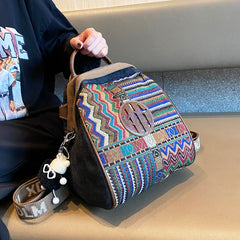 Black Gray Embroidery Canvas Boho Backpack Boho Crossbody Bag for Women - Feltify