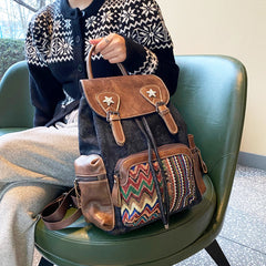 Black Gray Embroidery Canvas Backpack Boho Backpack Womens Vintage Boho Style Backpack - Feltify