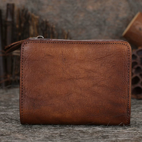 Handmade Vintage Leather Billfold Wallet for Men – Distressed Top-Grain Cowhide with Coin Pocket & ID Window