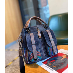 Canvas Convertible Handbag Crossbody Bag With outside Pockets Black Gray Canvas Embroidery Convertible Backpack Shoulder Bag - Feltify