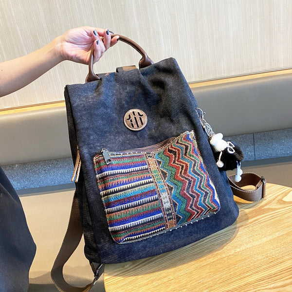 Boho Style Backpack Womens Canvas Backpack Black Gray Embroidery Vintage Boho Backpack - Feltify