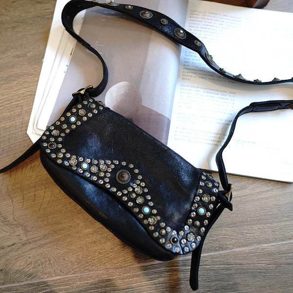 Western Coffee Womens Rivets Small Shoulder Bag Small Rivets Crossbody Purse for Ladies