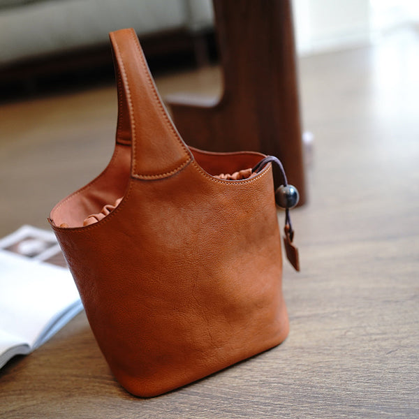 Vintage Green Leather Small Bucket Handbag Women - Bill Slots Detail